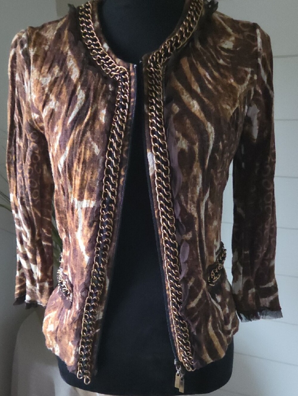 90s VINTAGE ALBERTO MAKALI LATE ANIMAL PRINT GOLD CHAIN ZIP JACKET GLAM Y2K CHIC